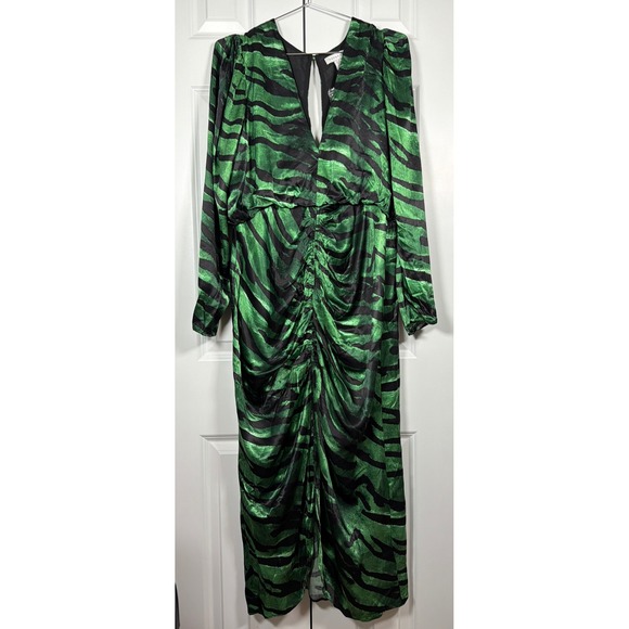 Topshop Dresses & Skirts - NWT Topshop Green Black Zebra Print Ruched V-Neck Midi Dress Long Sleeve sz12